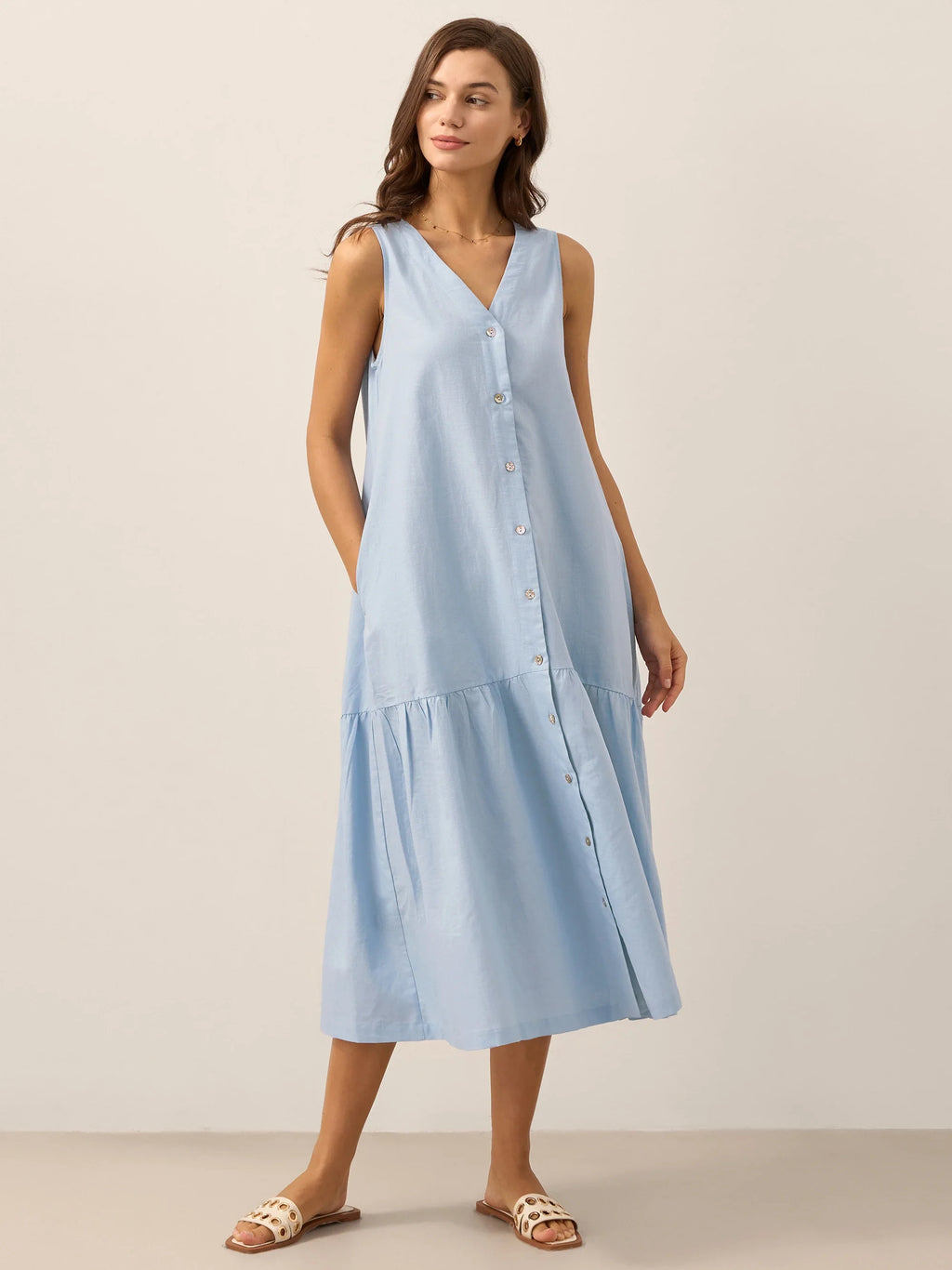 Linen Vacation Sleeveless V-Neck Mid-Length Dress CELINE
